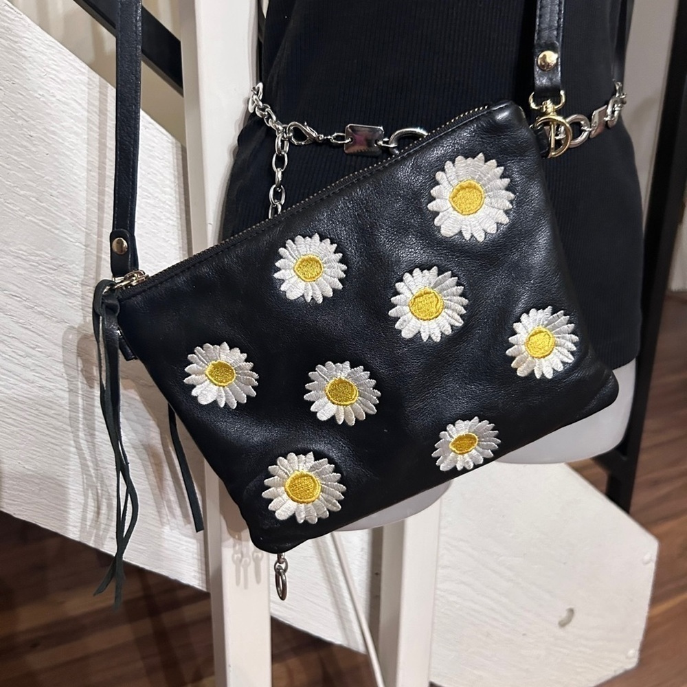Pietro Leather Crossbody Black White bag Yellow Daisies​​​